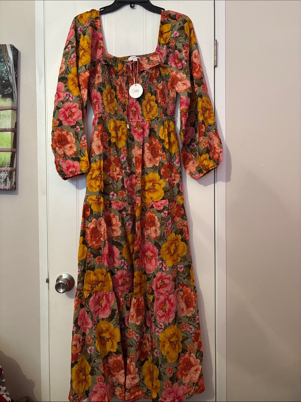 Square-Neck Floral Maxi Dress in Olive Green with Pink & Mustard Blooms